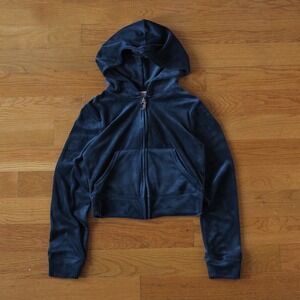 Juicy Couture Hoodie Women Navy Velour Rhinestone Cropped Y2K Small Zip Up